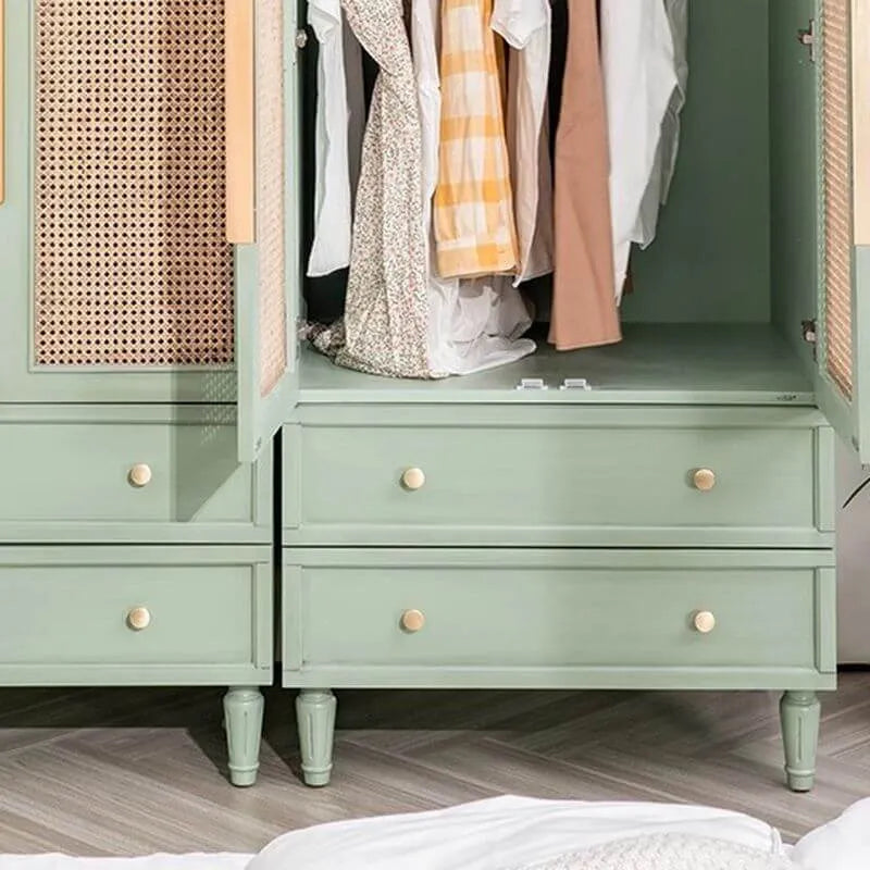 French Rustic Cane-Panel Wardrobe Armoire with Drawers