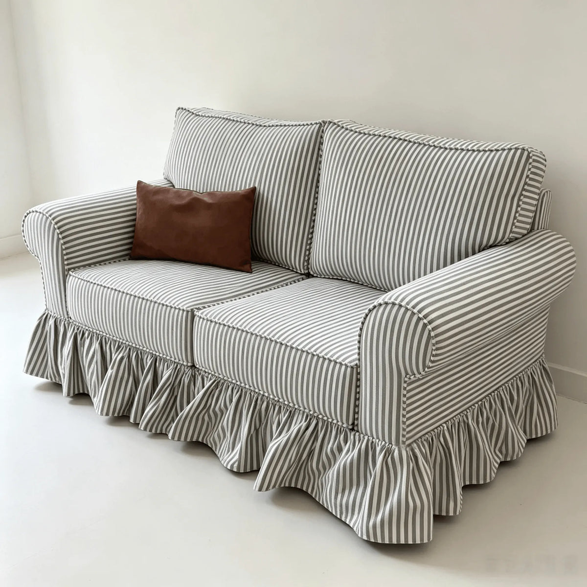 French Stripe Ruffle Skirt Sofa with Rolled Arms and Plush Support