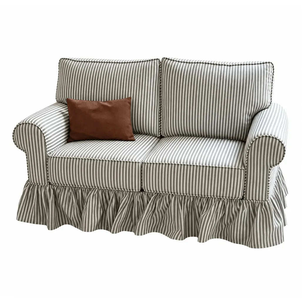 French Stripe Ruffle Skirt Sofa with Rolled Arms and Plush Support