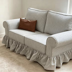French Stripe Ruffle Skirt Sofa with Rolled Arms and Plush Support