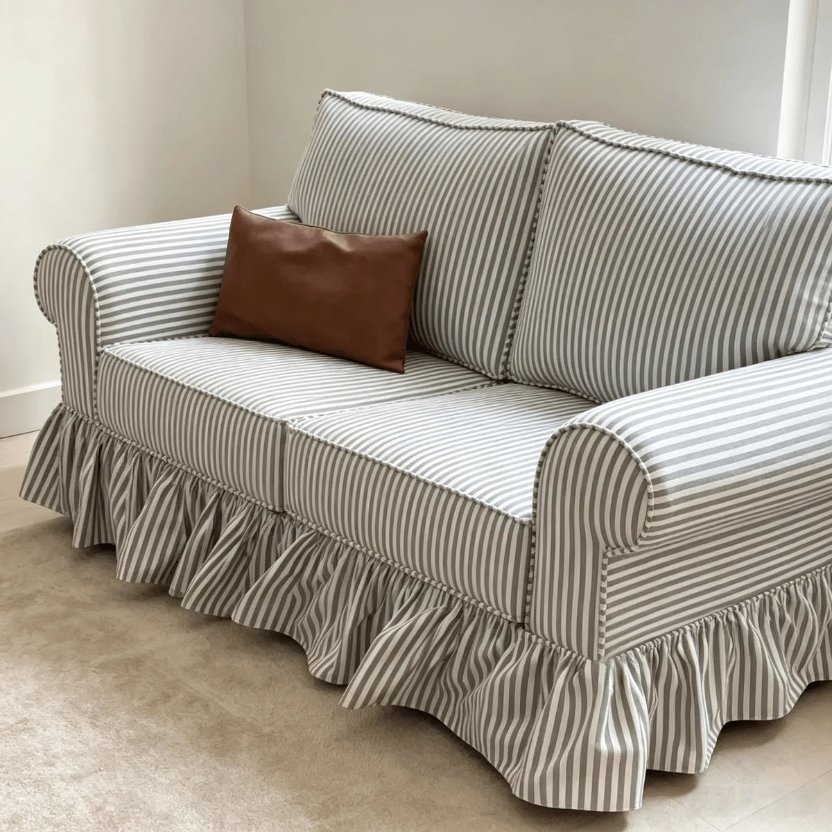 French Stripe Ruffle Skirt Sofa with Rolled Arms and Plush Support