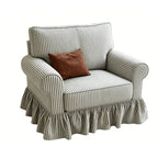 French Stripe Ruffle Skirt Sofa with Rolled Arms and Plush Support
