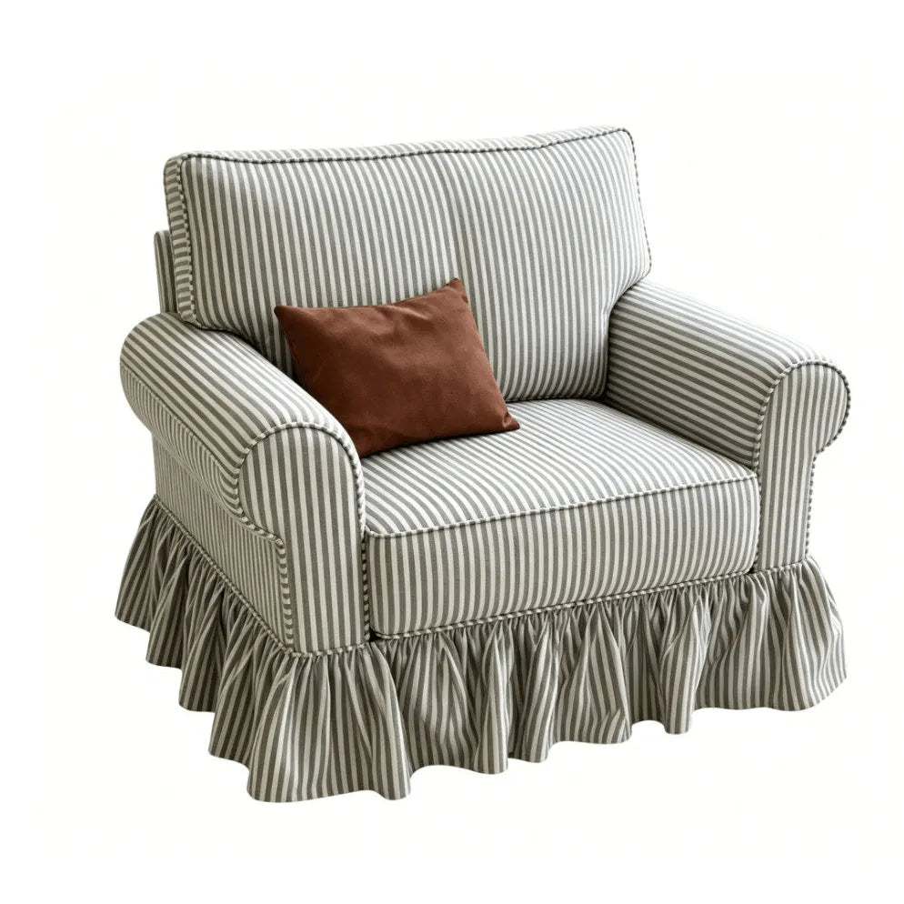 French Stripe Ruffle Skirt Sofa with Rolled Arms and Plush Support