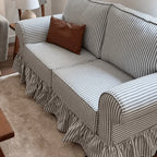 French Stripe Ruffle Skirt Sofa with Rolled Arms and Plush Support