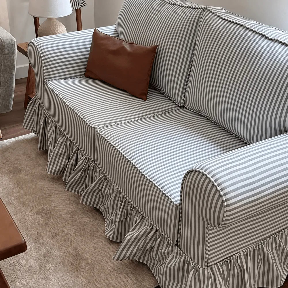 French Stripe Ruffle Skirt Sofa with Rolled Arms and Plush Support
