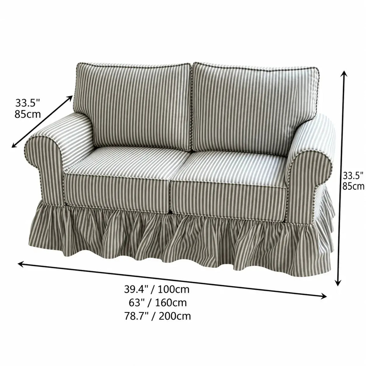 French Stripe Ruffle Skirt Sofa with Rolled Arms and Plush Support Dimensions Hauptbild