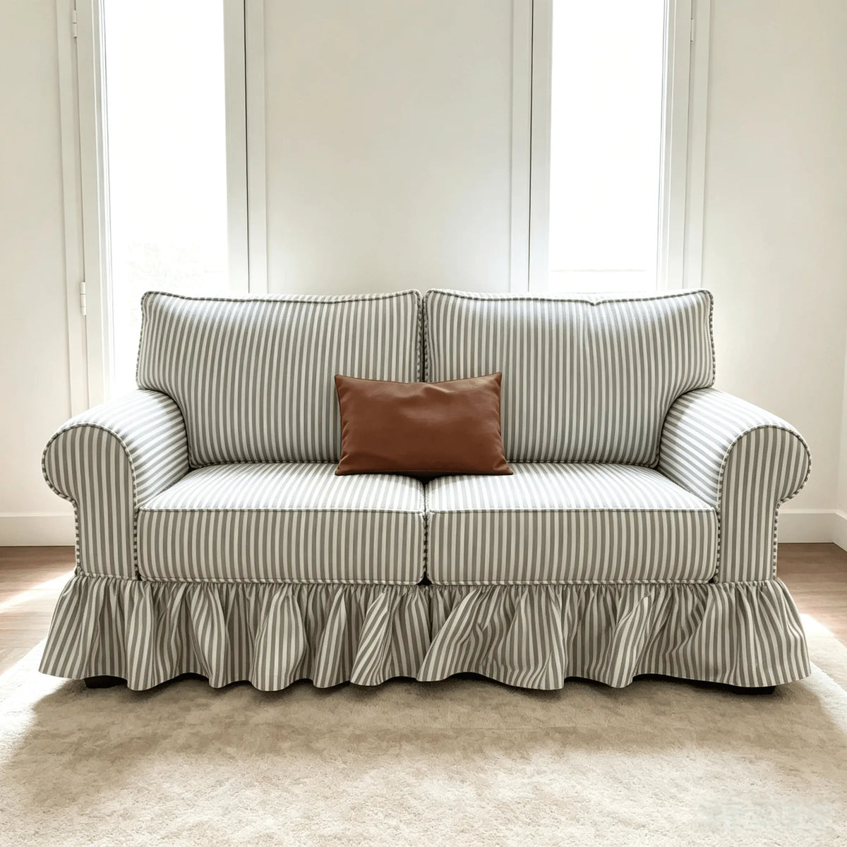 French Stripe Ruffle Skirt Sofa with Rolled Arms and Plush Support Main Product Image Hauptbild
