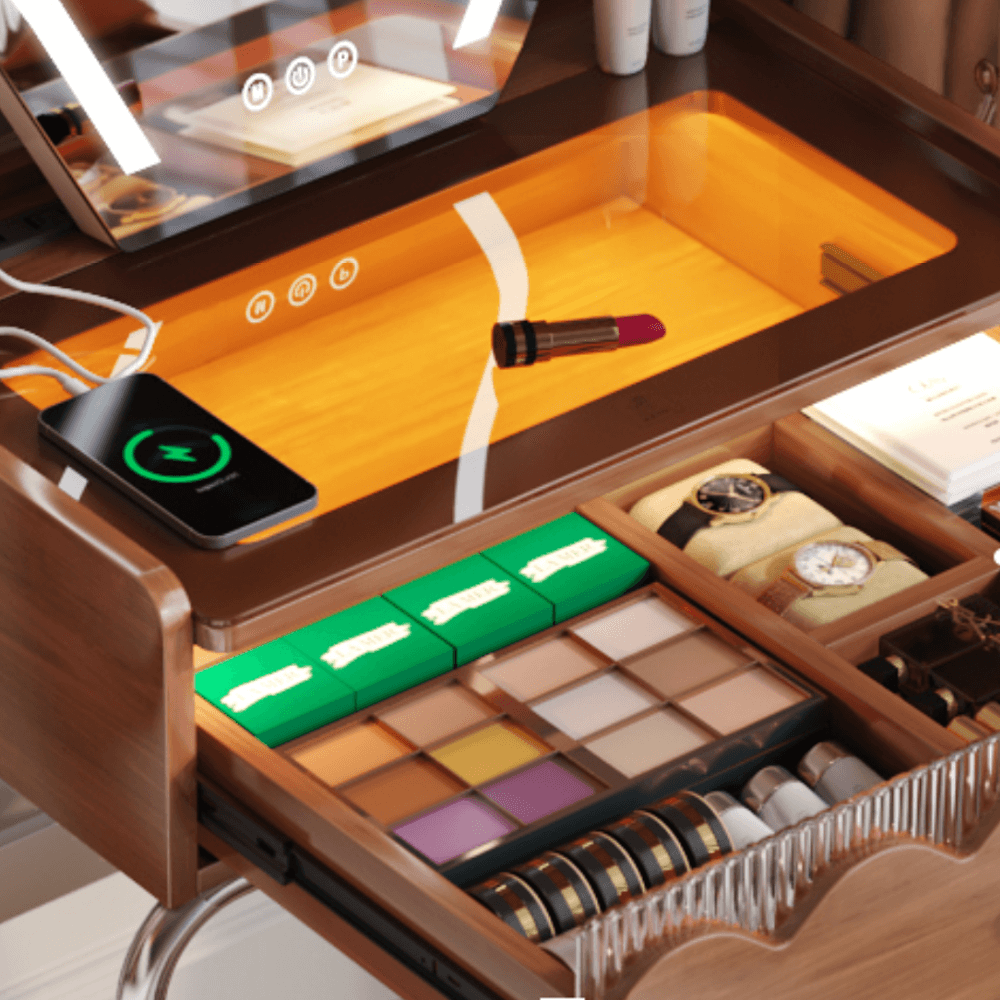 French Style Solid Wood Makeup Vanity with Touch LED Lighting