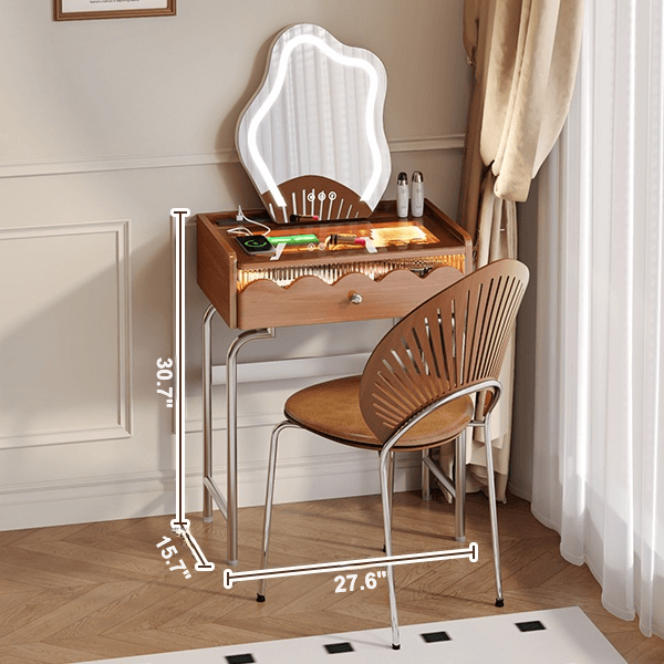 French Style Solid Wood Makeup Vanity with Touch LED Lighting