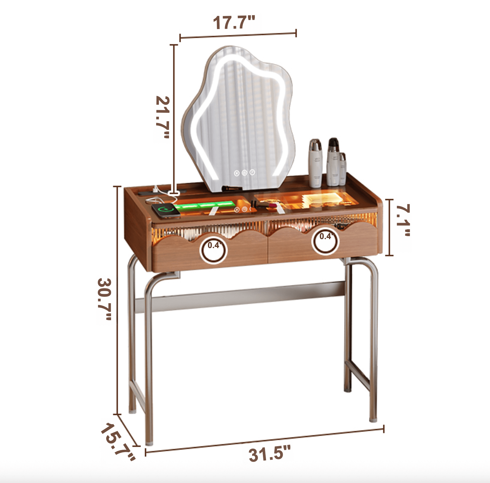 French Style Solid Wood Makeup Vanity with Touch LED Lighting Dimensions