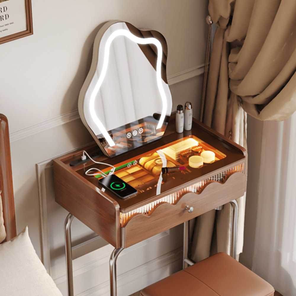 French Style Solid Wood Makeup Vanity with Touch LED Lighting Main Product Image Hauptbild