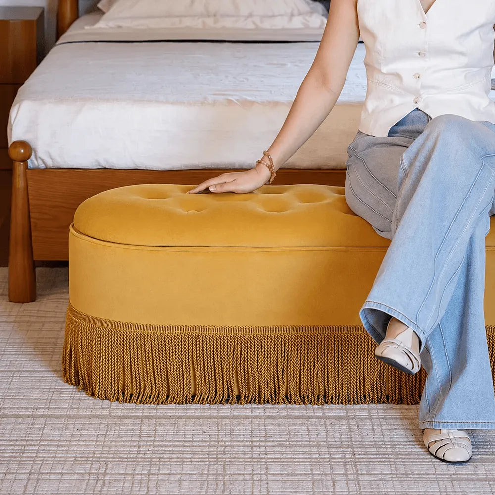 French Velvet Tassel Storage Bench with Tufted Seat and Brass Stud Trim