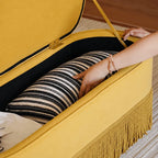 French Velvet Tassel Storage Bench with Tufted Seat and Brass Stud Trim