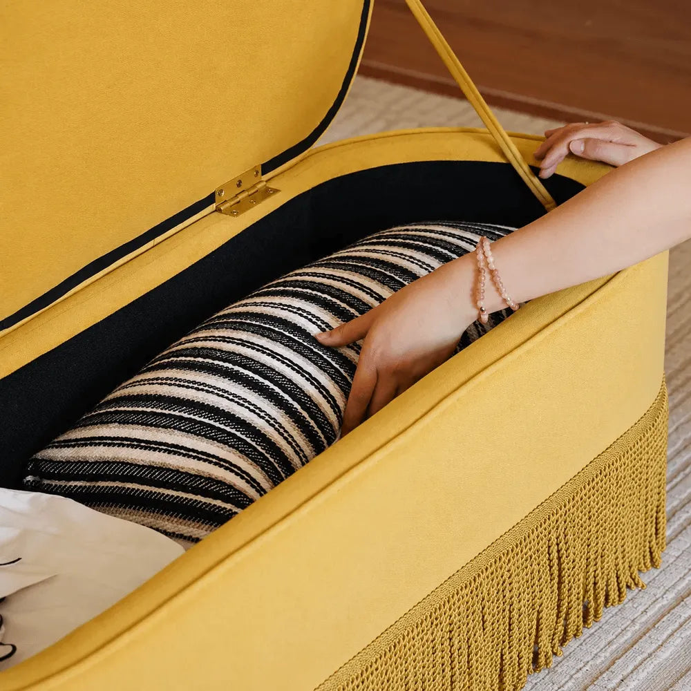 French Velvet Tassel Storage Bench with Tufted Seat and Brass Stud Trim