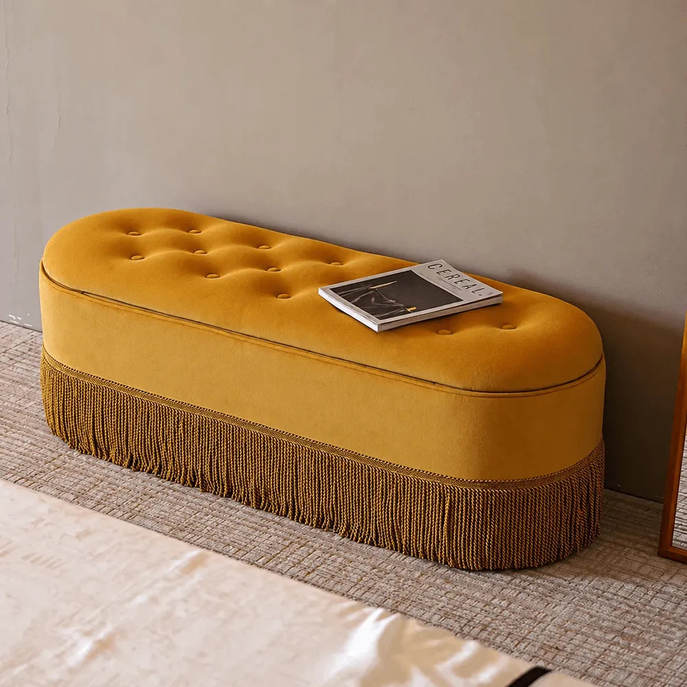 French Velvet Tassel Storage Bench with Tufted Seat and Brass Stud Trim