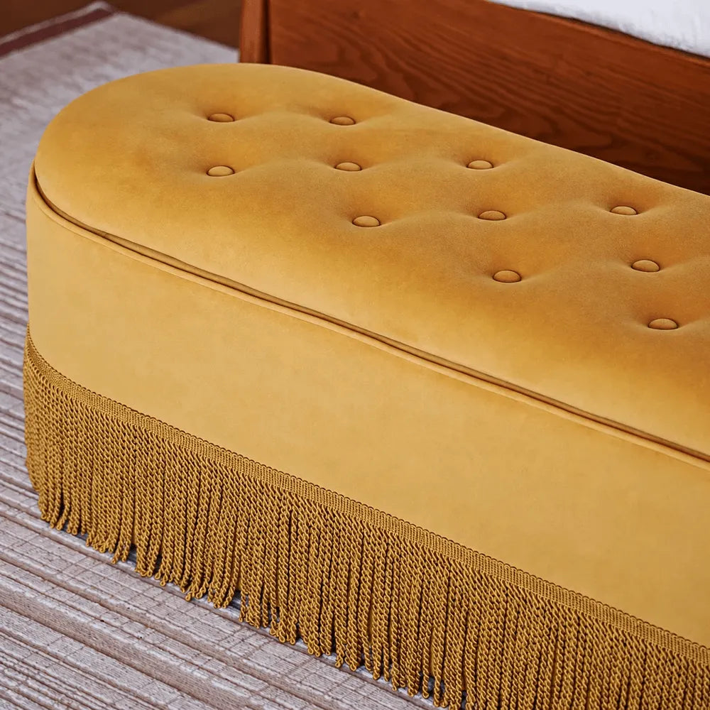 French Velvet Tassel Storage Bench with Tufted Seat and Brass Stud Trim