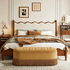 French Velvet Tassel Storage Bench with Tufted Seat and Brass Stud Trim