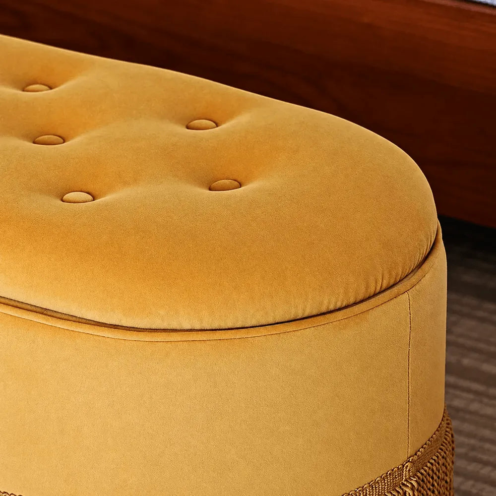 French Velvet Tassel Storage Bench with Tufted Seat and Brass Stud Trim