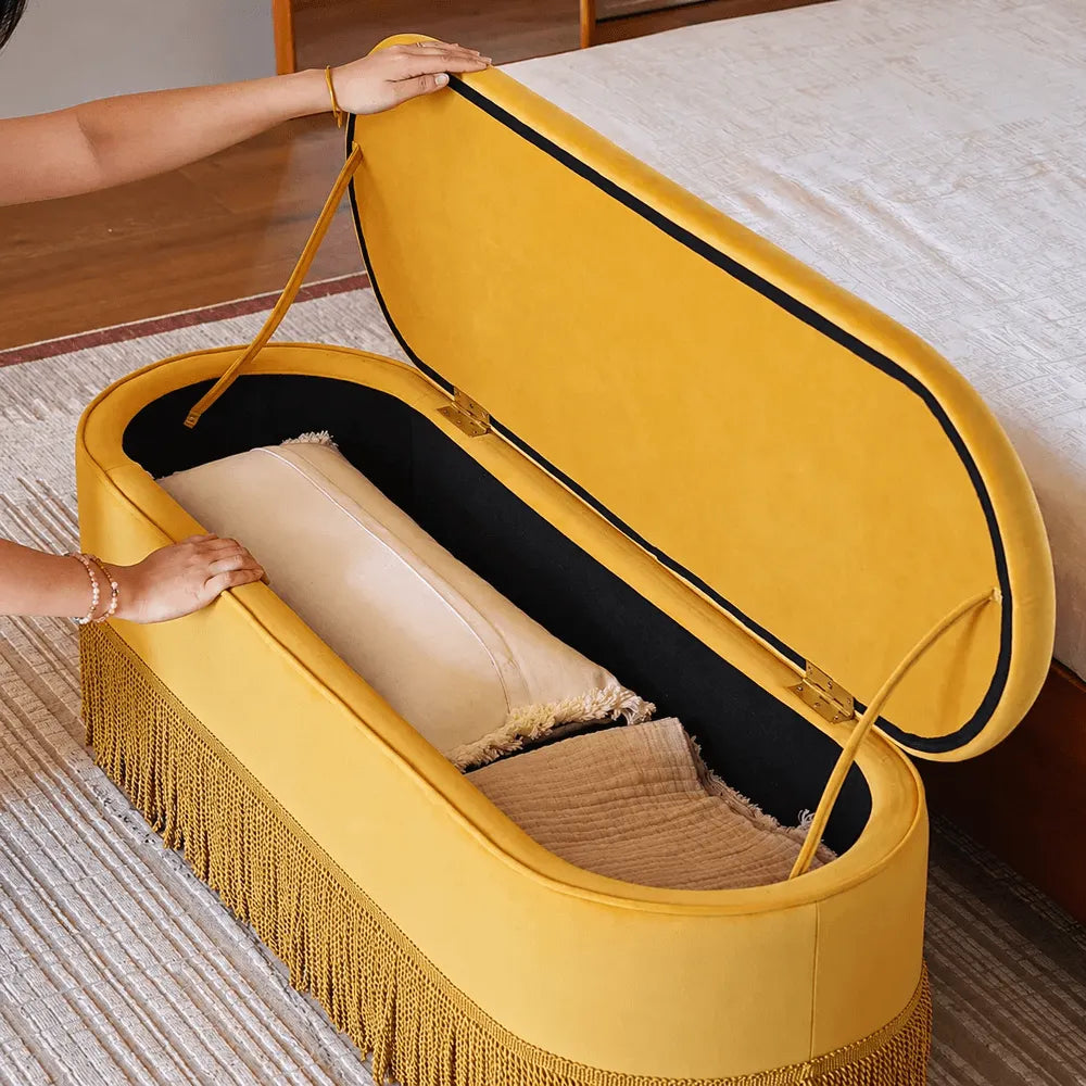 French Velvet Tassel Storage Bench with Tufted Seat and Brass Stud Trim
