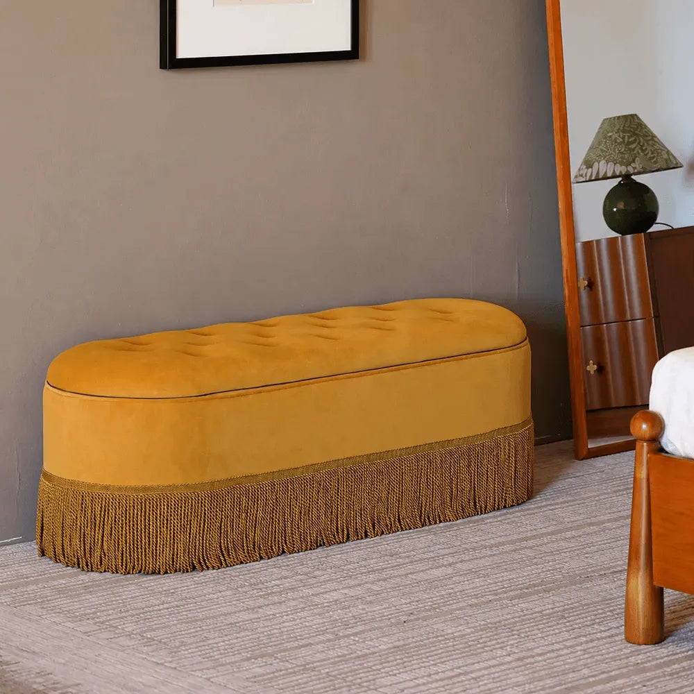 French Velvet Tassel Storage Bench with Tufted Seat and Brass Stud Trim