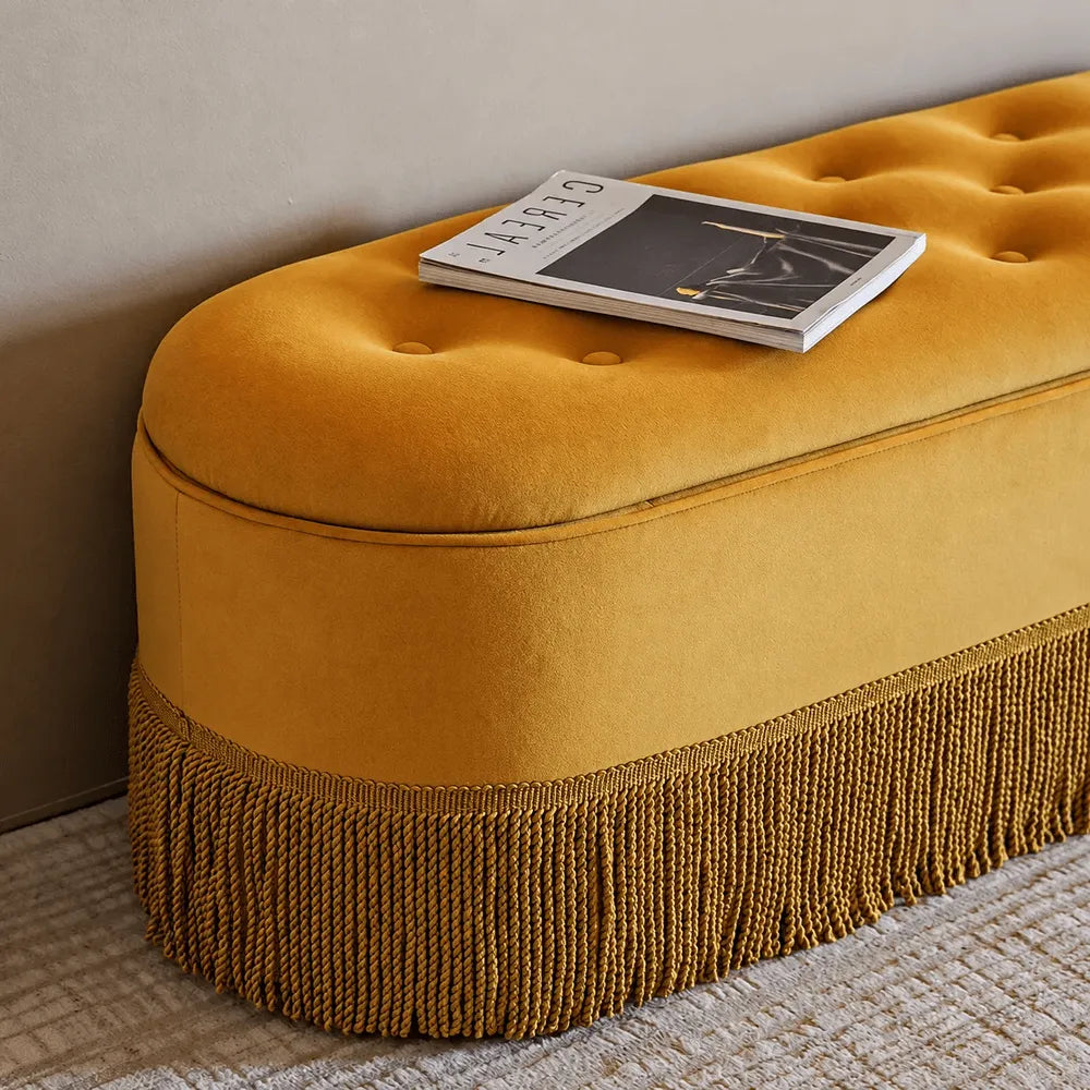 French Velvet Tassel Storage Bench with Tufted Seat and Brass Stud Trim