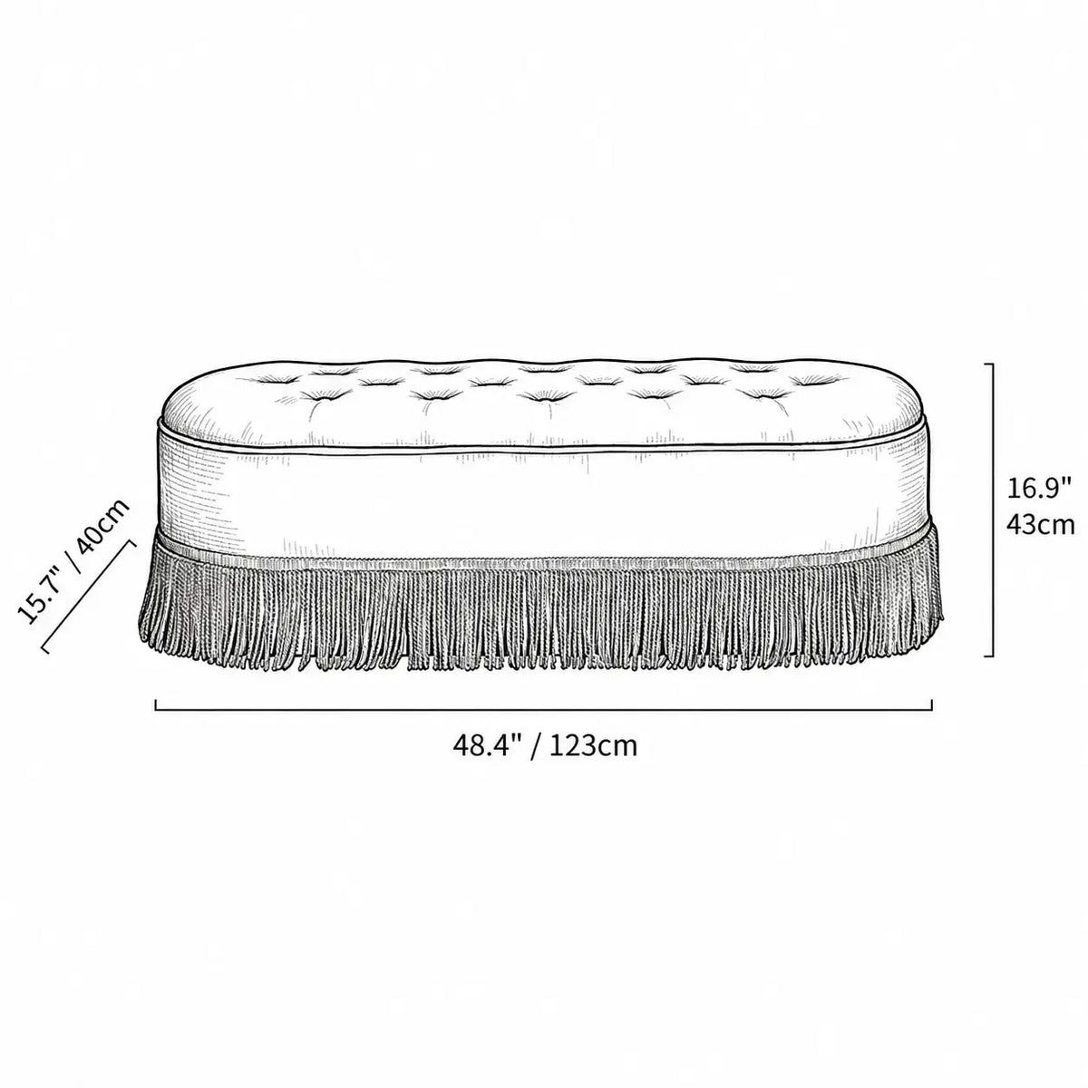 French Velvet Tassel Storage Bench with Tufted Seat and Brass Stud Trim Dimensions