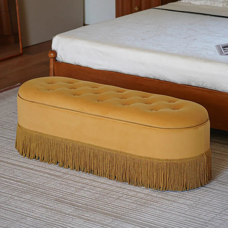 French Velvet Tassel Storage Bench with Tufted Seat and Brass Stud Trim Main Product Image