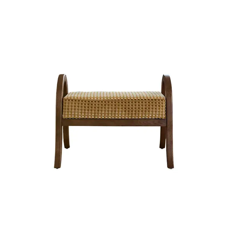 French Vintage Ash Wood Footstool with Curved Frame and Upholstered Seat
