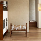French Vintage Ash Wood Footstool with Curved Frame and Upholstered Seat
