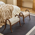 French Vintage Ash Wood Footstool with Curved Frame and Upholstered Seat