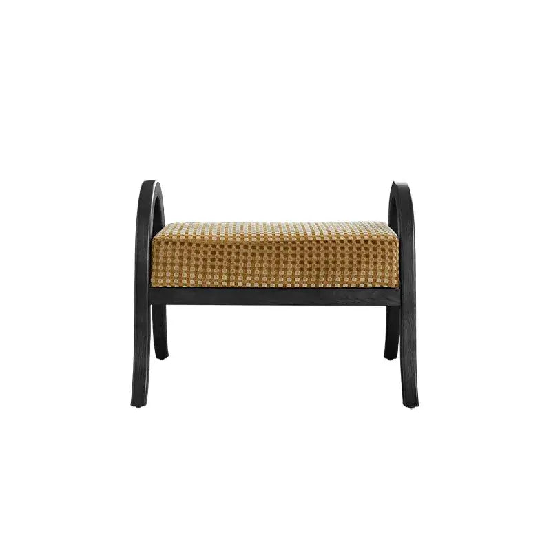 French Vintage Ash Wood Footstool with Curved Frame and Upholstered Seat