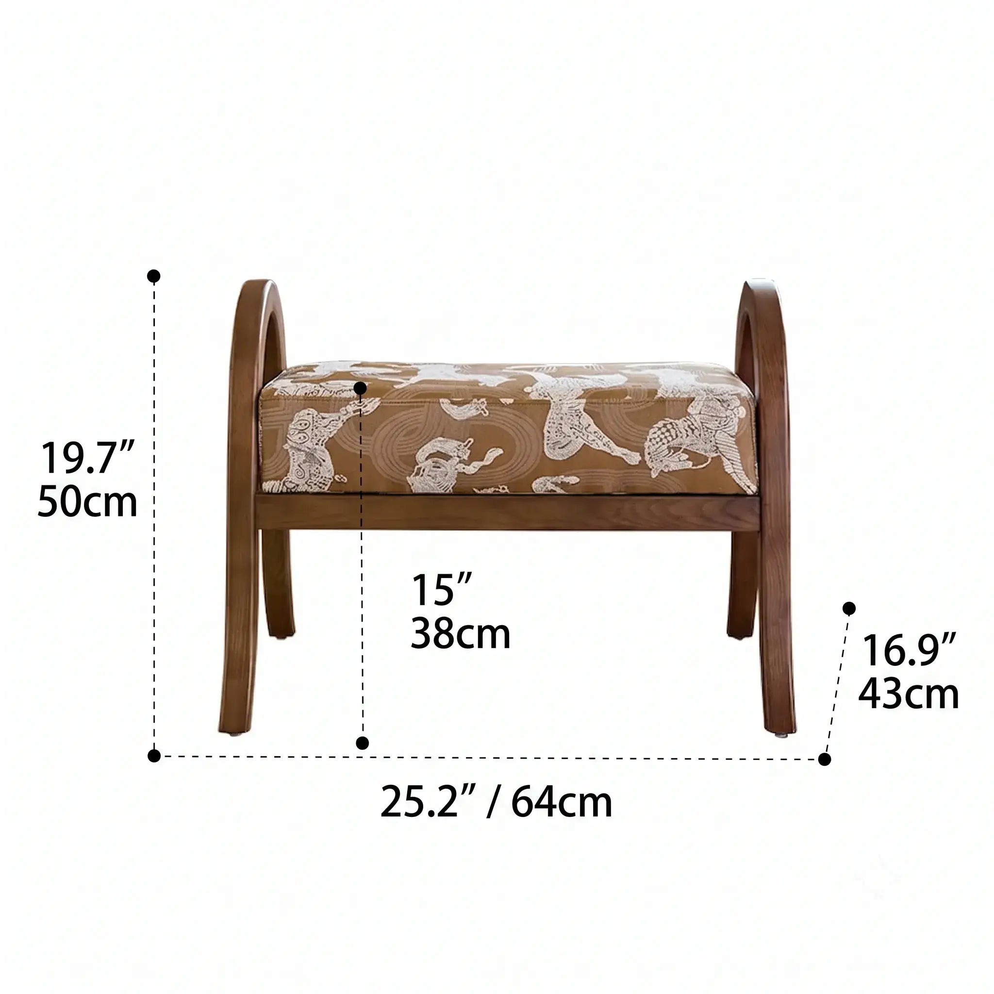 French Vintage Ash Wood Footstool with Curved Frame and Upholstered Seat Dimensions