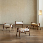 French Vintage Ash Wood Footstool with Curved Frame and Upholstered Seat Main Product Image