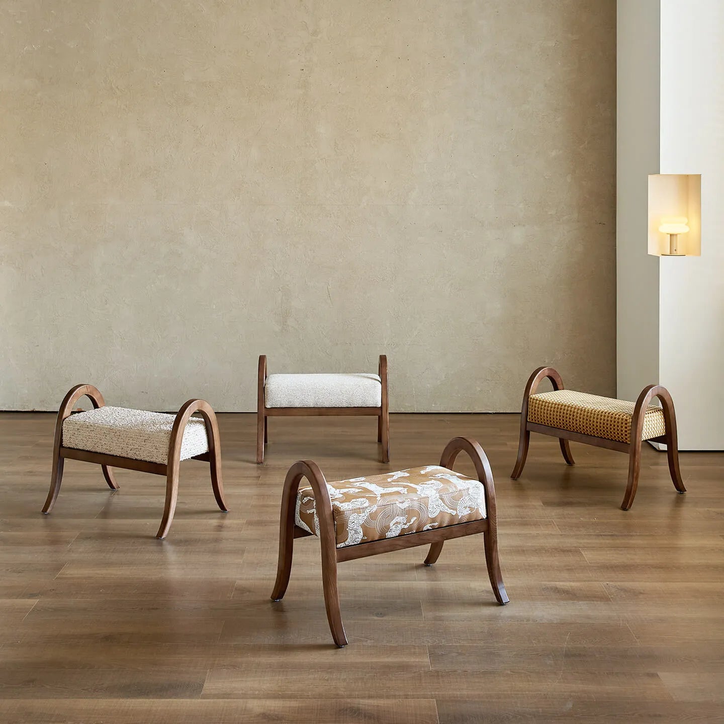 French Vintage Ash Wood Footstool with Curved Frame and Upholstered Seat Main Product Image Main image