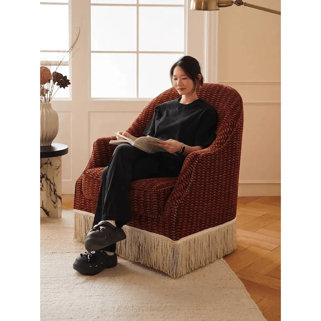 French Vintage Fringe Chair with Woven Texture and Cocooned Lounge Comfort