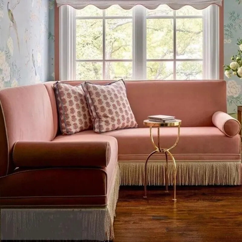 French Vintage Fringe Chaise Lounge With Wraparound Back and Washable Linen Blend Secondary image