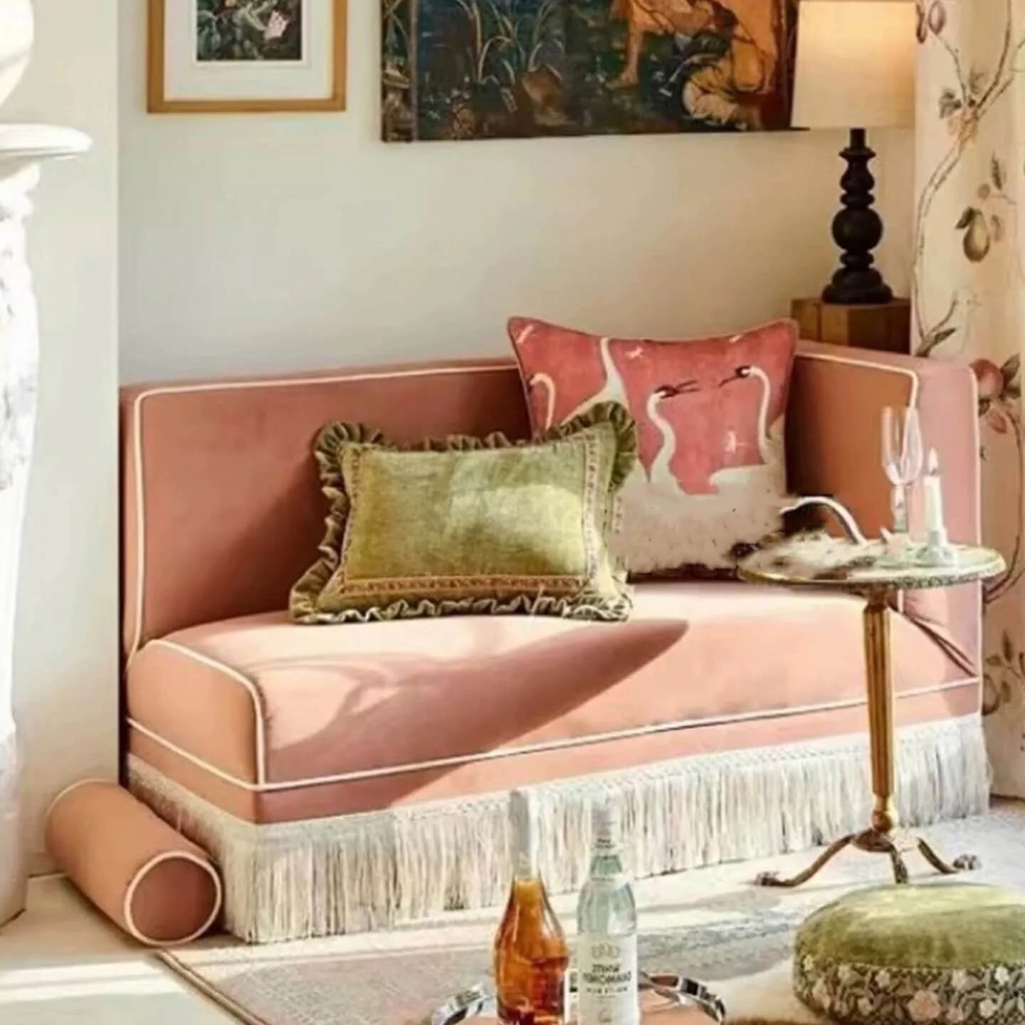 French Vintage Fringe Chaise Lounge With Wraparound Back and Washable Linen Blend Main Product Image Main image