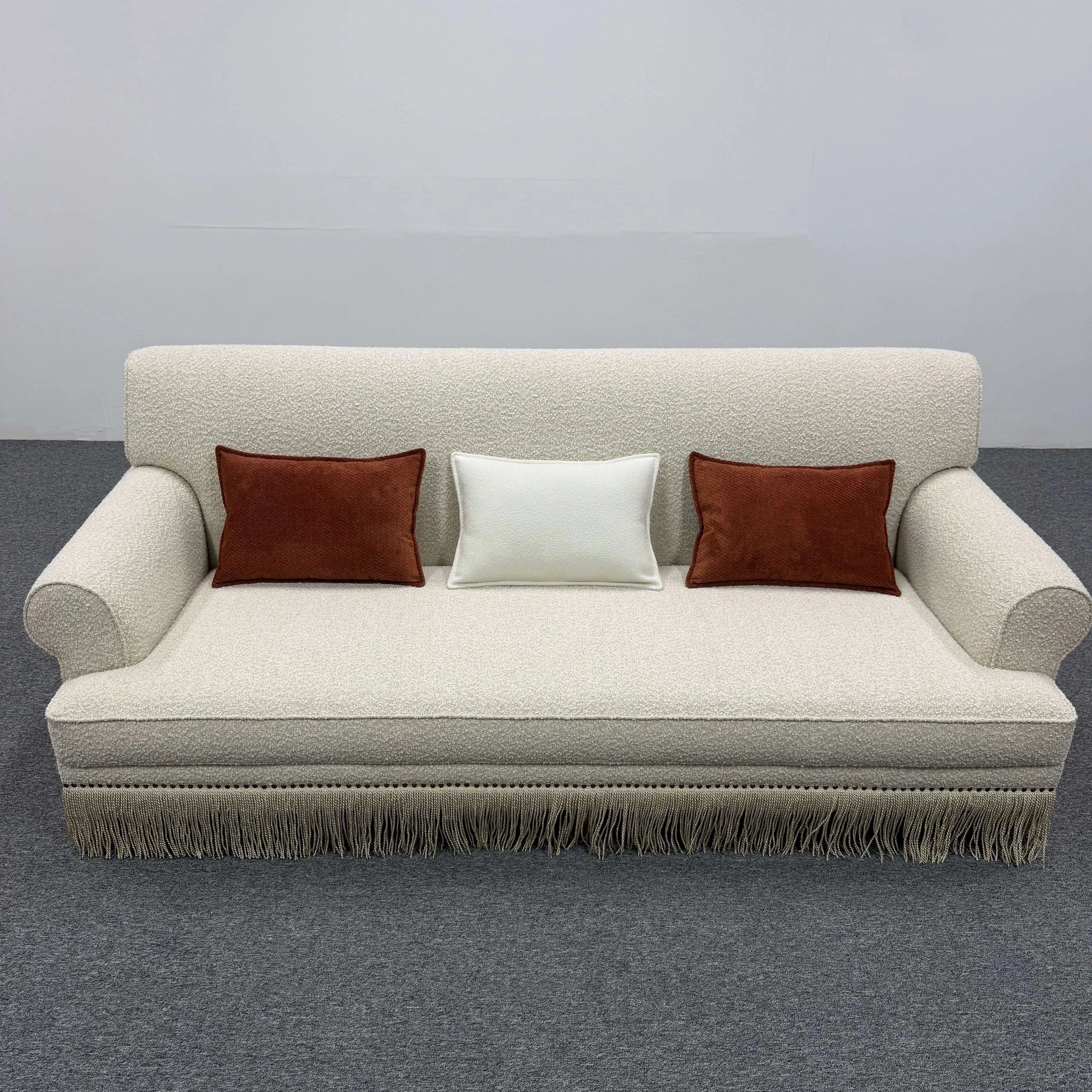 French Vintage Fringe Sofa Series in Cream Sherpa With Wraparound Form