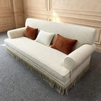 French Vintage Fringe Sofa Series in Cream Sherpa With Wraparound Form