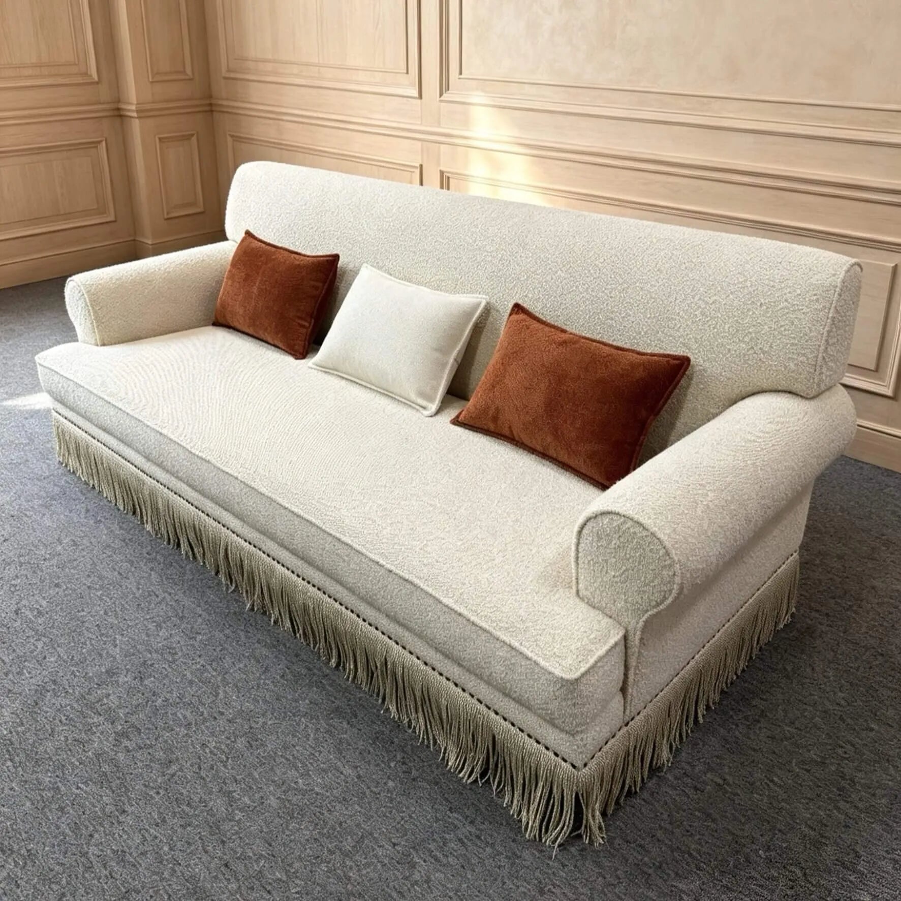 French Vintage Fringe Sofa Series in Cream Sherpa With Wraparound Form
