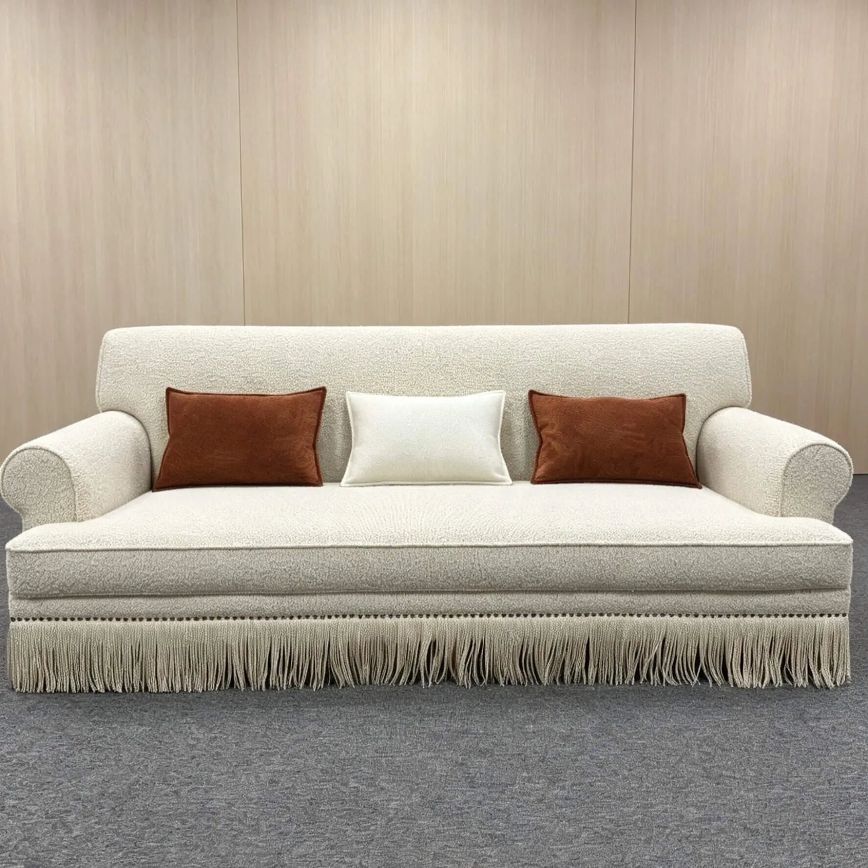 French Vintage Fringe Sofa Series in Cream Sherpa With Wraparound Form Secondary image
