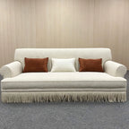 French Vintage Fringe Sofa Series in Cream Sherpa With Wraparound Form