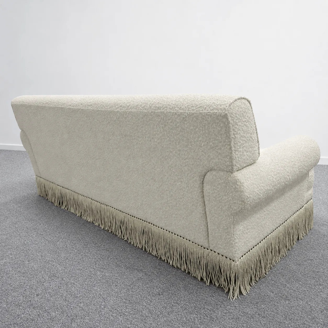 French Vintage Fringe Sofa Series in Cream Sherpa With Wraparound Form