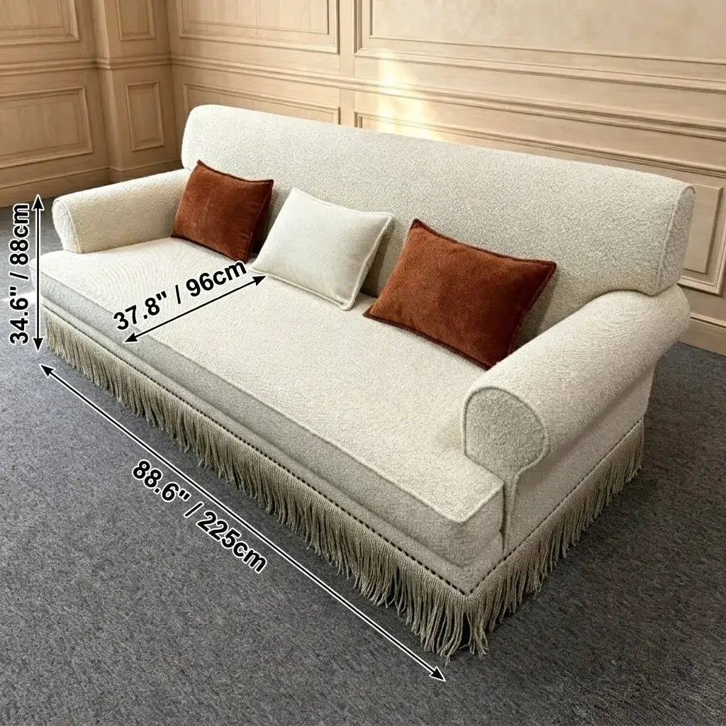 French Vintage Fringe Sofa Series in Cream Sherpa With Wraparound Form Dimensions