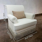 French Vintage Fringe Sofa Series in Cream Sherpa With Wraparound Form Dimensions