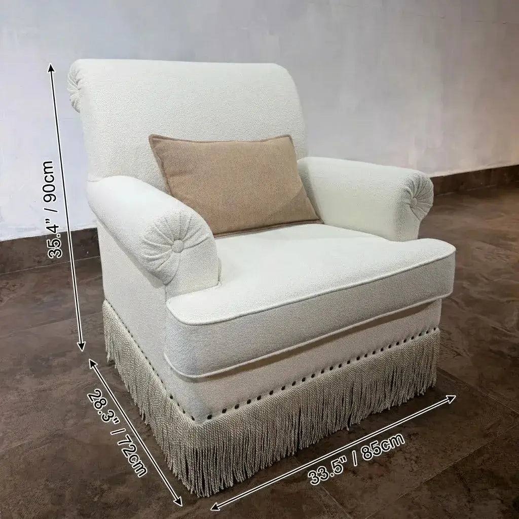 French Vintage Fringe Sofa Series in Cream Sherpa With Wraparound Form Dimensions