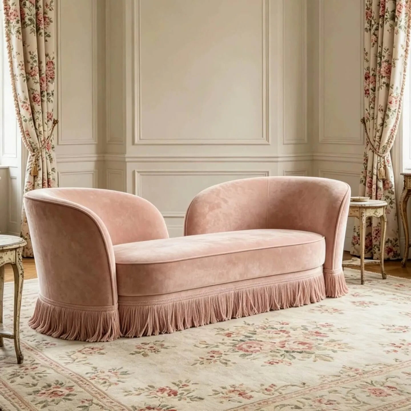 French Vintage Fringe Sofa with Sculptural Curved Silhouette and Plush Upholstery Secondary image