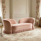 French Vintage Fringe Sofa with Sculptural Curved Silhouette and Plush Upholstery
