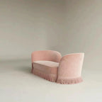 French Vintage Fringe Sofa with Sculptural Curved Silhouette and Plush Upholstery