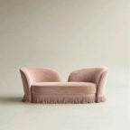 French Vintage Fringe Sofa with Sculptural Curved Silhouette and Plush Upholstery